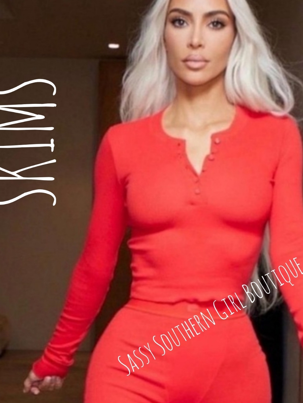 🆕⭐SKIMS Red Ribbed Henley Long-Sleeve Top